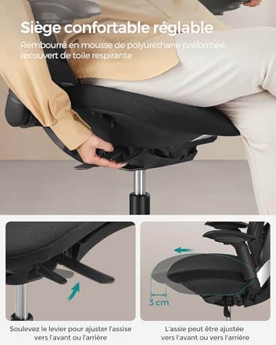 SONGMICS OBN065B01 : Fauteuil Ergonomique Noir d’Encre Réglable 150 kg
