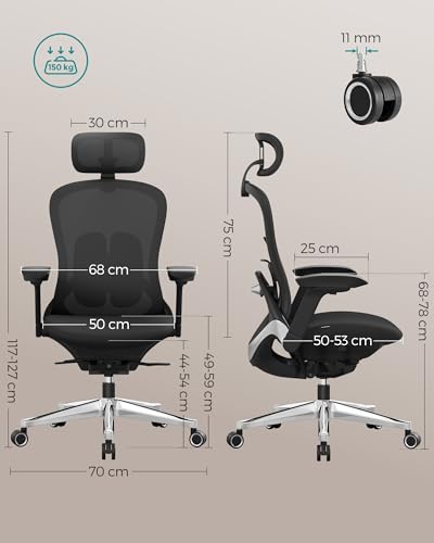 SONGMICS OBN065B01 : Fauteuil Ergonomique Noir d’Encre Réglable 150 kg