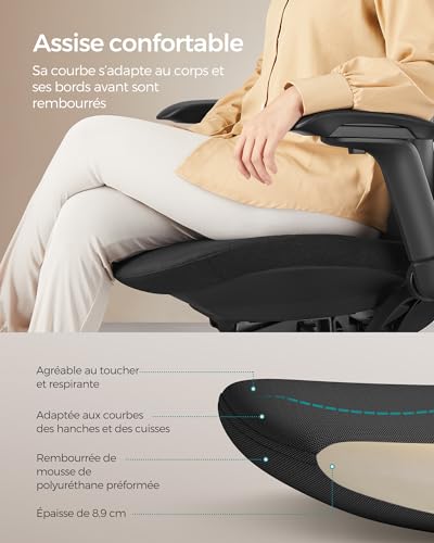 SONGMICS OBN065B01 : Fauteuil Ergonomique Noir d’Encre Réglable 150 kg
