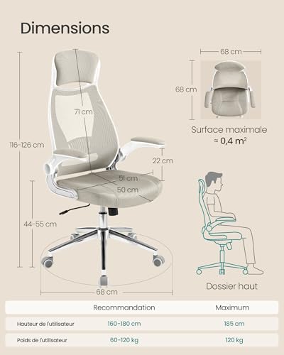 SONGMICS OBN086K01 : Chaise de Bureau Pivotante avec Accoudoirs et Support Lombaire