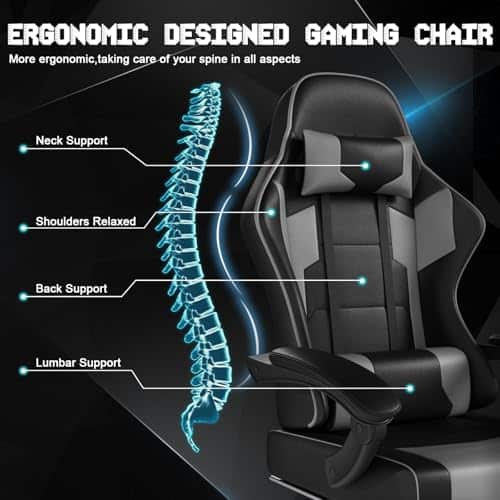 TRIUMPHKEY Chaise Gaming Ergonomique Noir Gris, Réglable avec Massage et Repose-Pieds