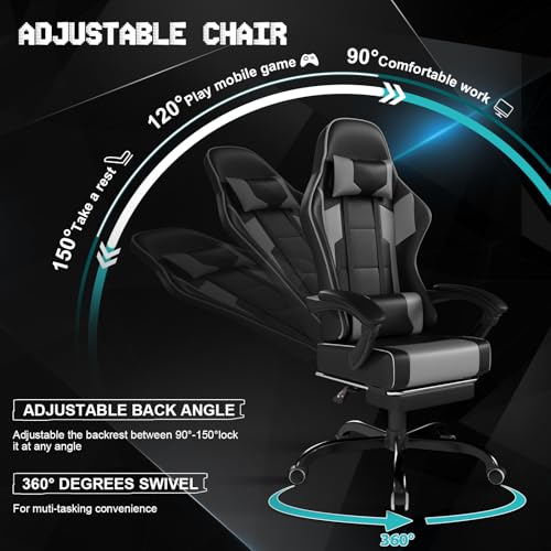 TRIUMPHKEY Chaise Gaming Ergonomique Noir Gris, Réglable avec Massage et Repose-Pieds