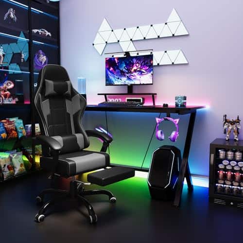 TRIUMPHKEY Chaise Gaming Ergonomique Noir Gris, Réglable avec Massage et Repose-Pieds