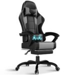 TRIUMPHKEY Chaise Gaming Ergonomique Noir Gris, Réglable avec Massage et Repose-Pieds