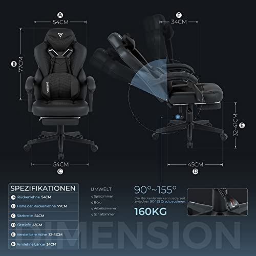 Vigosit Chaise Gaming Ergonomique Inclinable avec Accoudoirs et Repose-Pieds Noir