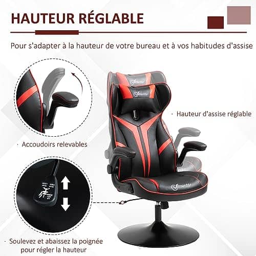 Vinsetto Fauteuil Gamer Ergonomique 360° Rouge et Noir, Hauteur Réglable