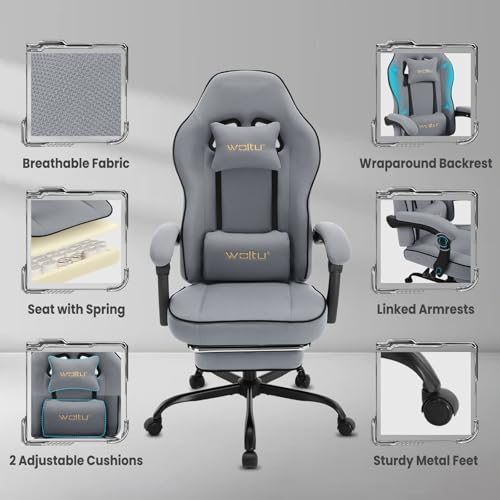 WOLTU GS11gr : Chaise Gaming Ergonomique avec Coussin, Appui-tête et Repose-Pieds
