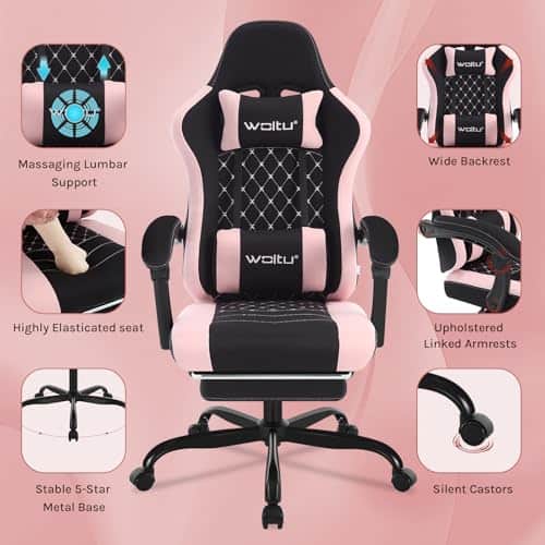 WOLTU GS15swr : Chaise Gaming Massante Ergonomique Noir + Rose, 150kg
