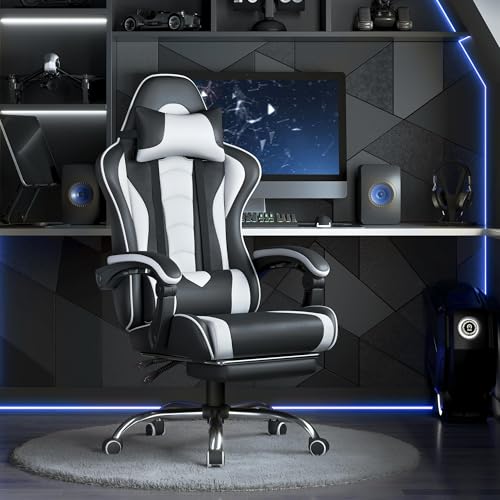 Yaheetech Chaise Gaming Massante Noir Blanc Réglable Inclinaison Accoudoirs 136kg