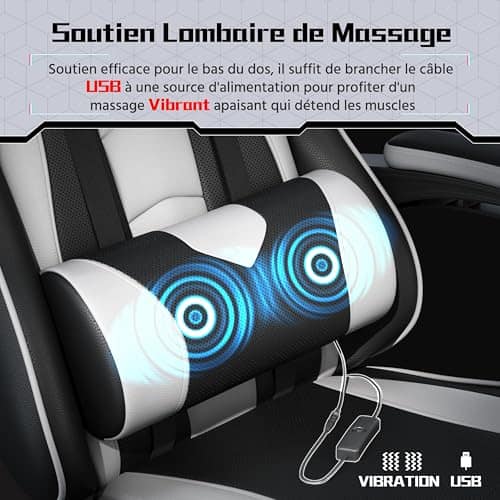 Yaheetech Chaise Gaming Massante Noir Blanc Réglable Inclinaison Accoudoirs 136kg