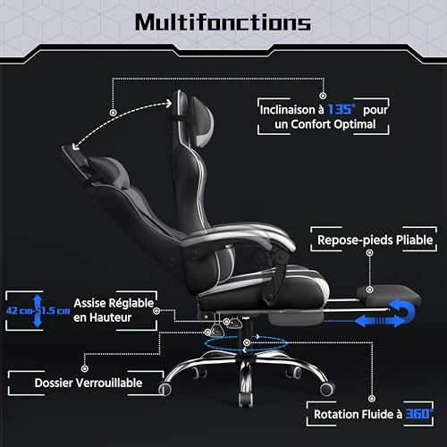 Yaheetech Chaise Gaming Massante Noir Blanc Réglable Inclinaison Accoudoirs 136kg