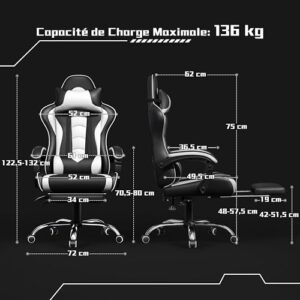 Yaheetech Chaise Gaming Massante Noir Blanc Réglable Inclinaison Accoudoirs 136kg