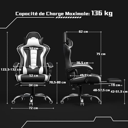 Yaheetech Chaise Gaming Massante Noir Blanc Réglable Inclinaison Accoudoirs 136kg