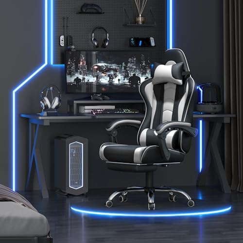 Yaheetech Chaise Gaming Massante Noir Blanc Réglable Inclinaison Accoudoirs 136kg