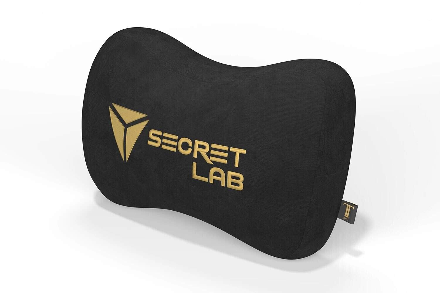 Coussin Secret Lab noir avec logo doré pour gamers.