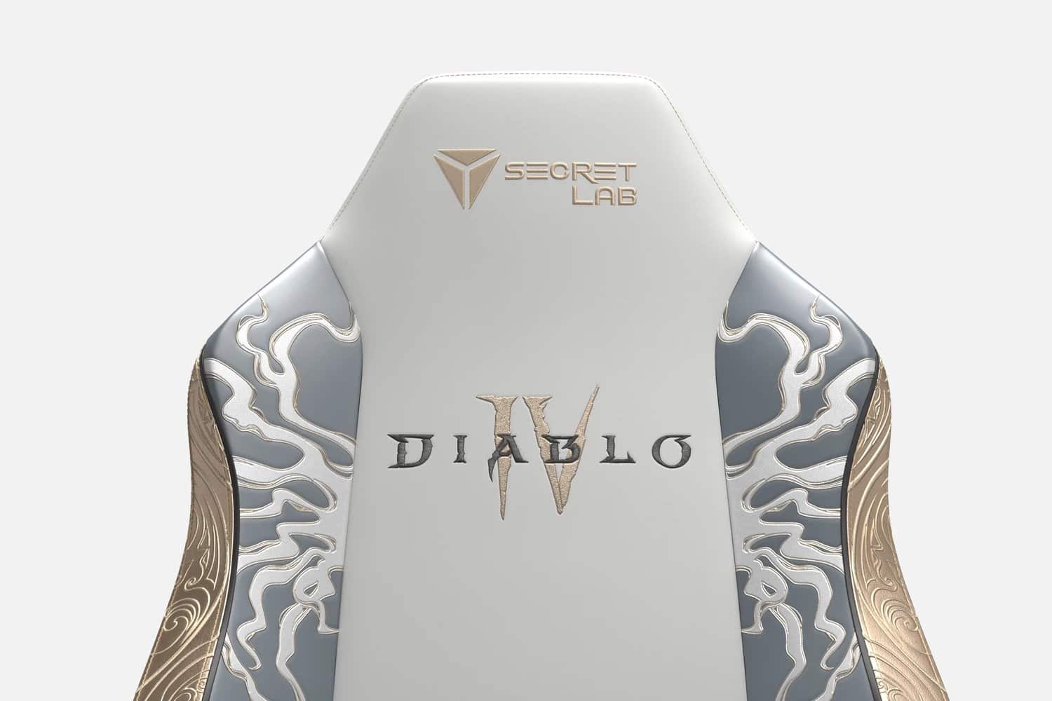 Siège gamer Secret Lab Diablo IV avec motif argenté et or.