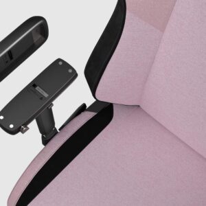 Chaise gaming rose avec accoudoirs noirs et logo Siege Gamer.