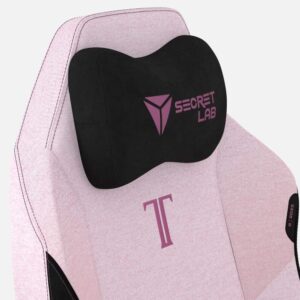 Siège gamer Secret Lab rose avec coussin tête.